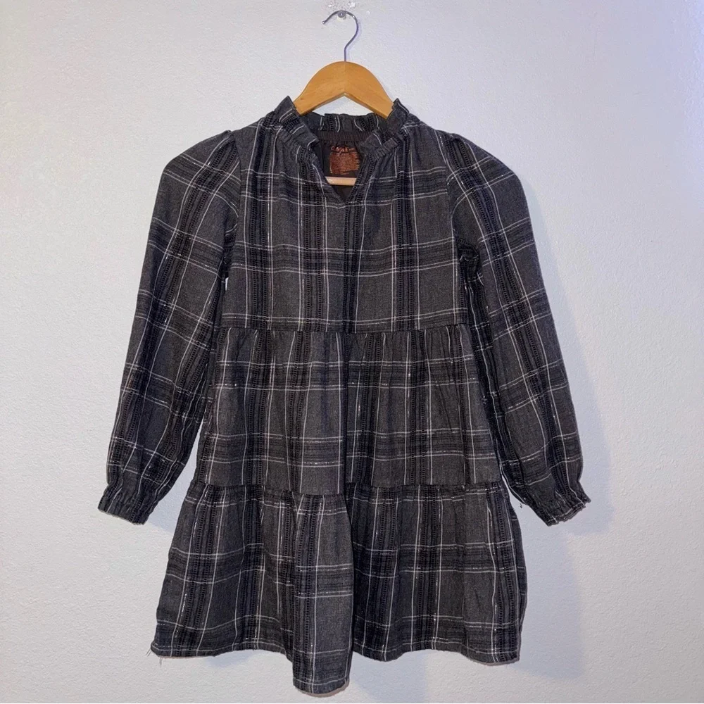 Cat & Jack Plaid Dress in Charcoal Grey with Gold Foil Accent Long Sleeve Kids M